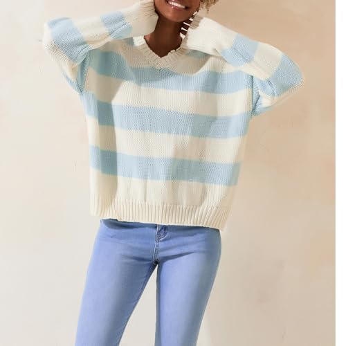 Image of Women Striped Chunky Knit Sweater Drop Shoulder Long Sleeve V-Neck Oversized Sweater Pullover Loose Knit Jumper Top