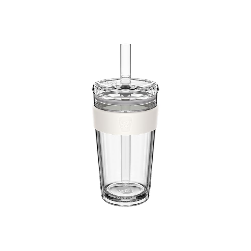 KeepCup Cold Cup - Longplay Double wall Glass Ice Coffee Tumbler with Lid and Straw - 16oz (454ml) - Chalk