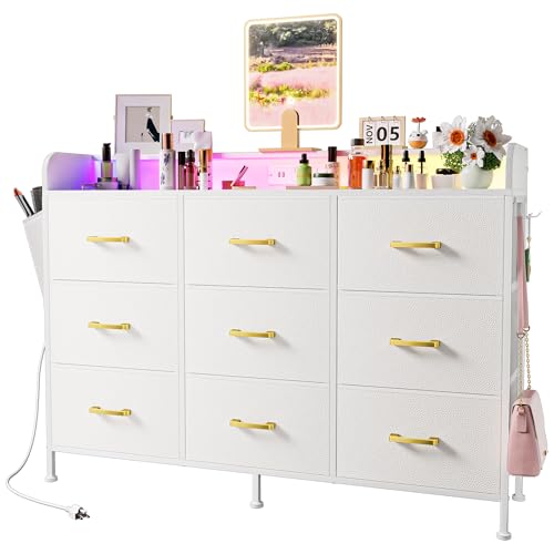 YILQQPER White Dresser for Bedroom, Bedroom Dresser with LED Lights and Charging Station, 9 Drawers Long Dresser, Tall Wide Fabric Chest of Drawers Storage Organizer TV Stand for 55" TV, White