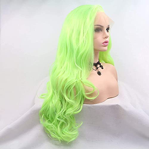 xiweiya Neon Green Wave Real Hair Wig Fluorescent Green Handmade Synthetic Lace Front Wigs for Women Long Body Wave Preplucked Hairline Replacement for Cosplay Party 24inch - Image 2
