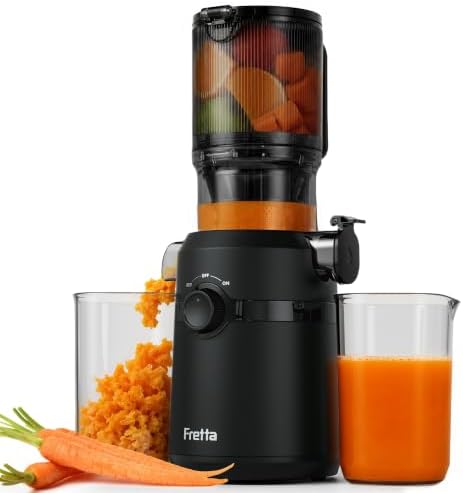Fretta Entsafter,Slow Juicer mit Größere Fütterungsröhre, für ganze Gemüse und Obst,BPA-frei Tritan-Material Entsafter,Einfacher Installation,Einfache Reinigung (Rauchschwarz, 1L)