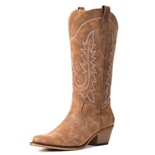 Image of Women's Pointed Toe Mid Calf Cowboy Boots - Cowgirl Boots with Chunky Heel