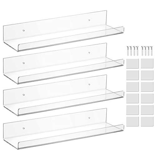 Luobao Acrylic 15" Invisible Floating Wall Ledge Display Shelves,Floating Wall Bookshelf,Nail Polish Rack,Wall Mounted Shelf,Clear (4 Pack - 4Mm) #TOP4