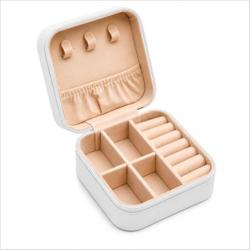 Image of Travel Jewelry Organizer Box for Women - 14 Slots Portable Jewellery Storage Case with Ring Holder & Necklace Hooks | Compact PU Leather Vanity Organizer for Earrings, Rings, Chains (White)
