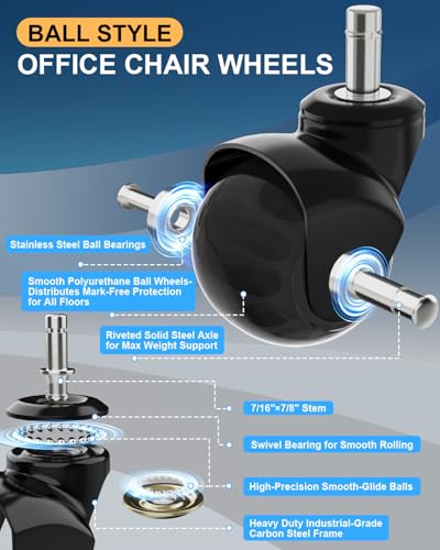 Image of RidRed Office Chair Wheels Replacement Heavy Duty 2 Inch Roller Blade Wheels for Carpet Hardwood Floors,Support 2000 LB, Rubber Rollerblade Desk Chair Casters, Standard Stem Universal Fit, Set of 5