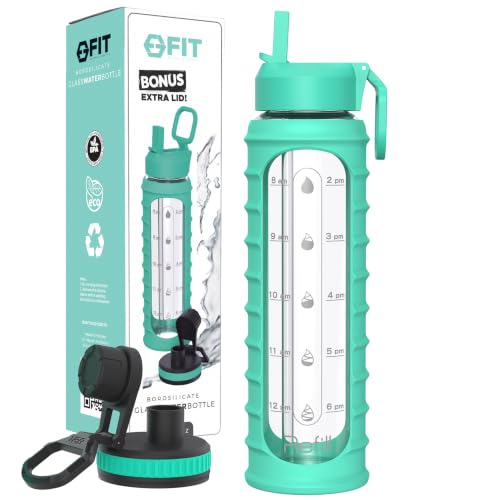 32 oz Glass Water Bottle with Time Marker, Straw Lid, Large, Motivational