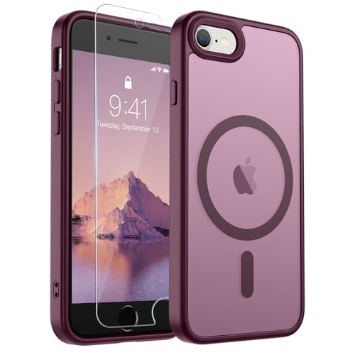 Image of SUPFINE Magnetic for iPhone SE Case 2022 (3rd) /2020 (2nd), iPhone 8 Case with Screen Protector (Compatible with MagSafe) (Military Grade Drop Protection) Translucent Matte Phone Case, Wine Red