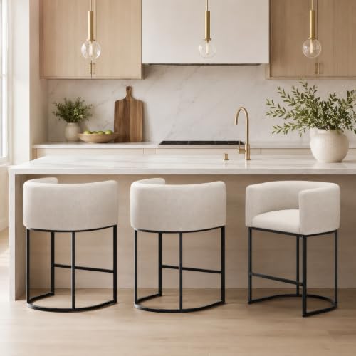 ClinQ 26" H Counter Height Bar Stools Set of 3, Modern Barrel Counter Stools with Backrest and Arms, Black Metal Frames, Linen Fabric Upholstered Accent Barstools for Kitchen Island,Linen Color