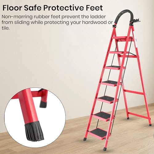 Image of Red 7 Step Ladder for Home Use with Built-in Tool Tray | Heavy Duty D Shape Rods | Ultra Large Platform | Wide Rubber Feet | 150Kg Capacity Foldable Ladder - 7 Years Warranty