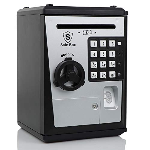 Toy Piggy Bank,Kids Coin Bank,ATM Savings Bank,Digital Safe Box with Fingerprint and Password,Christmas,Birthday Gifts for Boys and Girls (Silver+Black)