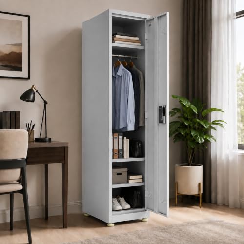 Image of Amazon Brand - Solimo Single Door Steel Locker Cabinet with 4 Shelves & Hanging Rod | Lockable Metal Storage Cupboard for Home, Office, Gym, School & Factory | Powder Coated, Grey