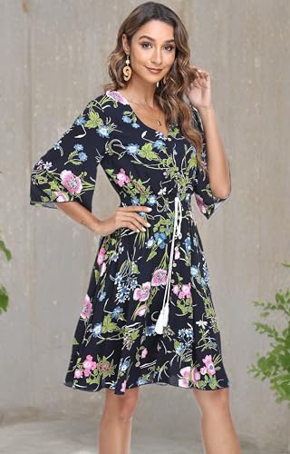 Image of VintageClothing Women's Floral Sundresses Flowy Boho Summer Beach Dress | Lightweight Breathable material,Elegant V Neck and Button Front Design,Flared Bell Sleeve Cut,Mini Casual dress