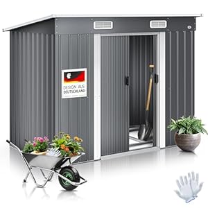 KESSER® - Gerätehaus L Metall 4 m³ mit Fundament | 194x112x181 cm | 2X Schiebetür & Fundament | Geräteschuppen | Gartenhaus Schrank | Pultdach Garten Schuppen, Ink. Arbeitshandschuhe Grau