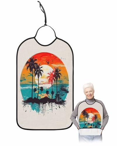 Tropical Palm Coconut Adult Bib for Eating with Crumb Catcher,Summer Island Bird Graffiti Seascape Waterproof Terry Cloth Adjustable Elderly Women Men Adult Bibs Funny Apron Clothing Protector