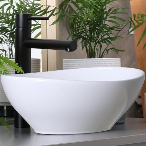 Lavabo24 | Lavabo Da Appoggio | Lavabo Ovale Senza Foro Per Rubinetto | Qualità Premium | Installazione Semplice | Design Moderno (41X33X14 Cm，Bianco/