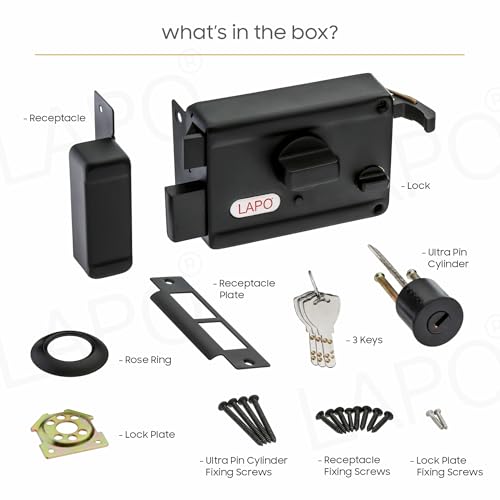 Image of LAPO Rim Lock, Applicable to Main & Safety Doors, TwinPin Extreme Dead Bolt Lock, Suitable for Single, Sliding & Gate Doors, Black Finish, 3 Keys, Reversible Knob, 3 Years Warranty