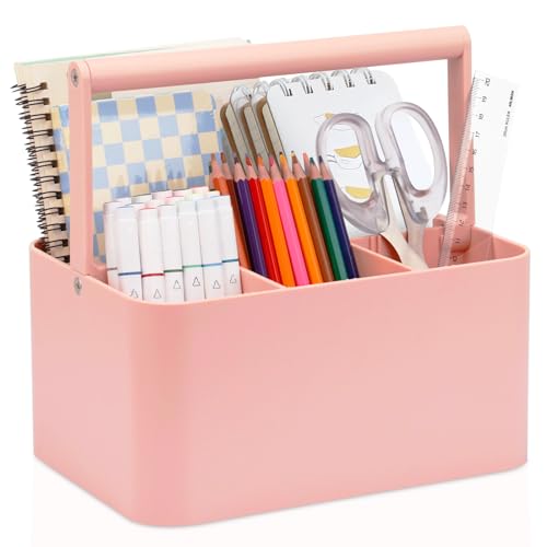 Multipurpose Caddy Organizer with Handle and Adjustable Divider, Portable Art Supply Storage Organizer for Art Craft Supplies, Dorm, Classroom, Office, Bathroom, Shower, Cleaning, Makeup (Pink)