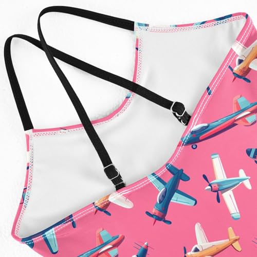senya Girls Swimsuits One-Piece Swimwear Tie Bathing Suit Beach Summer Round Neck 7-8T Airplane Pink Background Pattern4