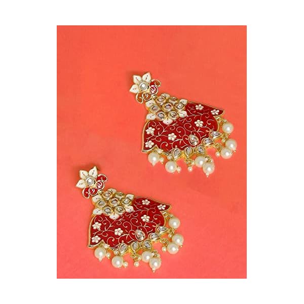 Fabula by OOMPH Jewellery Red Meenakari & Kundan Pearls Floral Large Ethnic Drop Earring For Women & Girls Stylish Latest - Image 4
