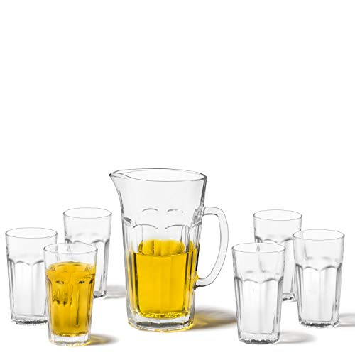 Leonardo Rock Getränkeset, 6 spülmaschinengeeignete Wassergläser und Glaskrug, 7er Set, 340 ml und 1500 ml, 022499