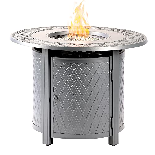 Image of Oakland Living Round 34 in. x 34 in. Aluminum Propane Fire Pit Table with Glass Beads, Two Covers, Lid, 37,000 BTUs in Grey Finish