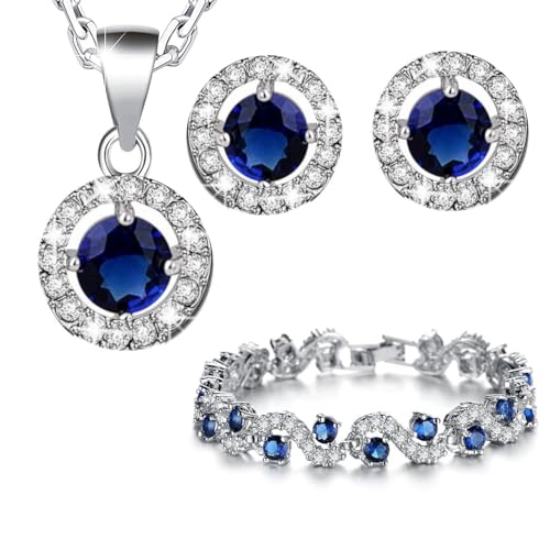 Crystalline Azuria Femme Ensemble Collier Clous Boucles d'Oreilles et Bracelet 18ct Plaqué Or Blanc avec Cristaux Bleu imitation Saphir en Zircone