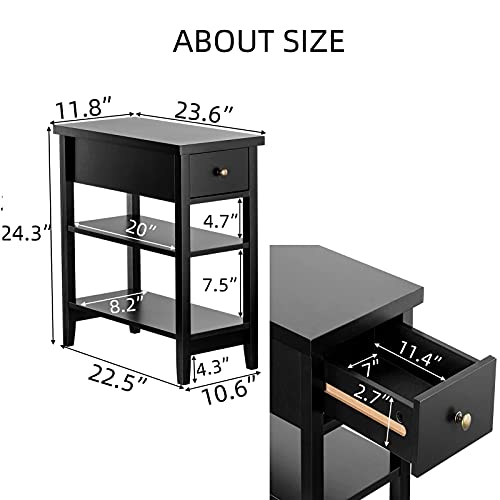 Zenoddly Small Side Table With Drawer & 2 Shelves, 3 Tier Narrow End Table With Storage, Black End Tables For Living Room With Storage, Elegant Wood Side Tables Living Room Tables #TOP4