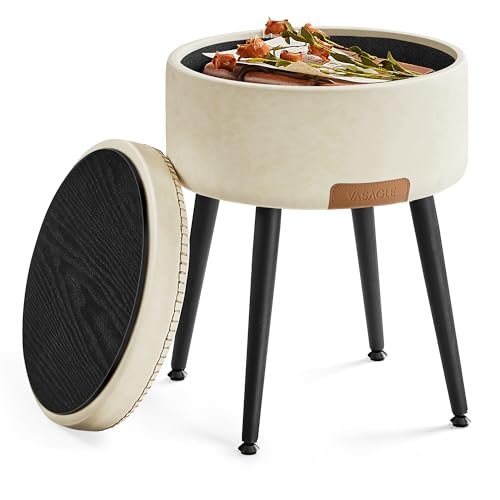 Image of VASAGLE Storage Ottoman, PU Leather Round Seat with Steel Legs | Vanity Chair Stool, with Stitching, Transitional, Loads 150 kg, Cream White and Ink Black, EKHO Collection ULOM005W01