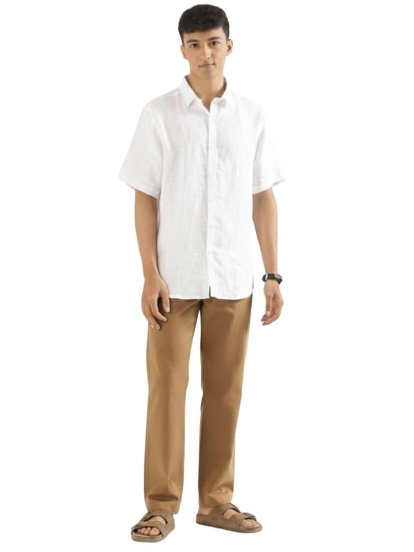Image of SAADAA Men's 100% Cotton Pants | Mid-Rise Straight Fit Casual Trousers with Elastic Waistband and 3 Pockets | Everyday Wear
