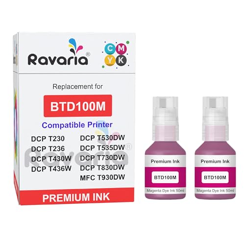 Image of BTD100M Compatible Ink for Brother Printer DCP-T236 DCP-T230 DCP-T436W DCP-T430W DCP-T535DW DCP-T530DW DCP-T730DW DCP-T830DW MFC-T930DW (BTD100M Magenta Ink 2 Pcs)