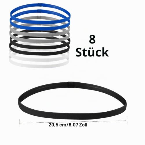AvoDovA Sport-Stirnband für Kinder, 8 Stück, Fitness-Stirnbänder, schmal, elastisch, rutschfest, elastisches Haarband, Sport, für Jungen, Mädchen, Schwarz, Weiß, Blau, Grau