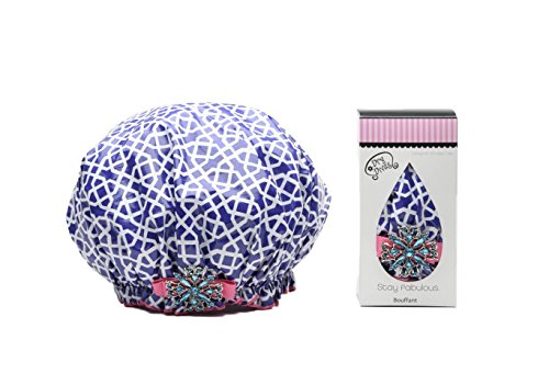 Dry Divas Designer Shower Cap For Women - Washable, Reusable - Large Bouffant Cap With Vintage Jeweled Brooch (Indigo Blast)