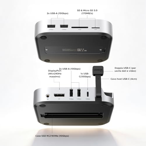 Docking Station Compatibile con Mac Mini M4 e M4 Pro Hub USB C Supporto con Alloggiamento M.2 NVME SSD DisplayPort 4K 240Hz 144Hz USB 3.2 4A1C 10Gbps SD TF Slot 3.5mm Aux - Hub USB - Immagine 1