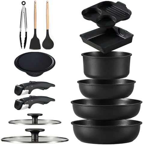 （13:30時点） CAROTE カローテ フライパン 鍋 セット IH&ガス火対応 14点 PFOAなどの有害物質不使用 プロ仕様 5層構造 チタンコート 軽量 取っ手のとれる 洗練されデザイン コンパクト収納 玉子焼き器 卵焼きフライパン 取っ手のとれる こびりつかずに 調理器具セット お手入れ簡単 黒 ブラック