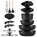CAROTE カローテ フライパン 鍋 セット IH&ガス火対応 14点 PFOAなどの有害物質不使用 プロ仕様 5層構造 チタンコート 軽量 取っ手のとれる 洗練されデザイン コンパクト収納 玉子焼き器 卵焼きフライパン 取っ手のとれる こびりつかずに 調理器具セット お手入れ簡単 黒 ブラック