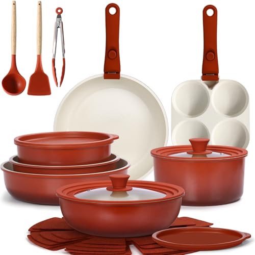 GIPP 21PCS Pots and Pans Set Non Stick Kitchen Cookware Set Detachable Handle Red and Black Gradient Pot and Pan Set Non Toxic Cooking Pan Set with Frying Pans Set RV Cookware Sets for All Stoves