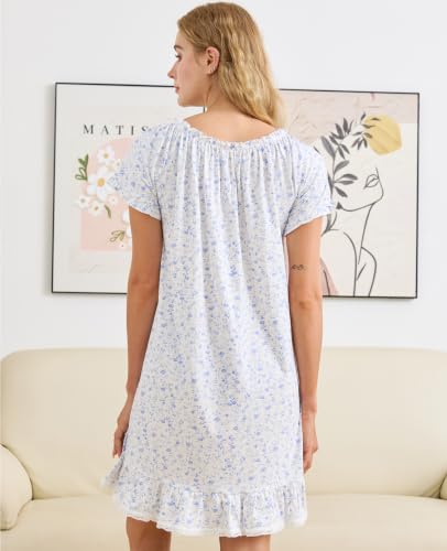 Image of Nanxson Women's Cotton Nightgown Short Sleeve Sleepwear Vintage Nightshirt | Summer Victorian Sleepdress,White Sleepshirt,U Neck Lace Loungewear,Soft Nightshirt,Loose Loungedress,Bride Nightwear