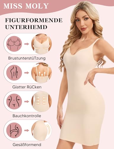 MISS MOLY Unterkleid Damen Shapewear Nahtloses Shape Kleid Sexy Bauch Weg Figurformende Unterwäsche mit Trägern Miederkleid Shaping Full Slips(Beige,L)