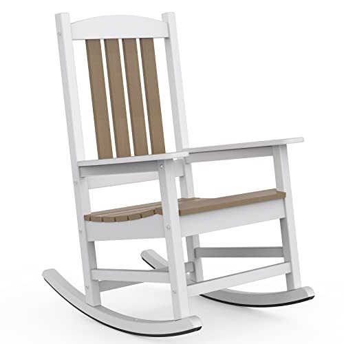 Otsun Oversized Patio Rocking Chair, All Weather Resistant Outdoor Rocker Chair, 380Lbs Load Capacity, High Back, Widened Armrests For Yard, Garden, Indoor, Lawn, White & Brown #TOP28