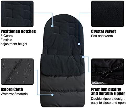 Footmuff, Universal Baby Stroller Footmuff with Two Way Zip Waterproof & Windproof Pram Footmuff Sleeping Bag Buggy Footmuff Warm Crystal Velvet Lined Footmuff for Most Pushchairs Strollers (Black)