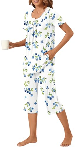 Image of Womens Summer Pajama Sets 2 Piece Short Sleeve Top and Capri Pants Plus Size Ladies Lounge Pjs Sets with Pockets