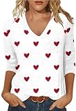 Vircreate Womens 3/4 Sleeve V Neck T-Shirts Valentina's Day Spring Shirts Love Heart Graphic Tee Tops (L,Multi White)