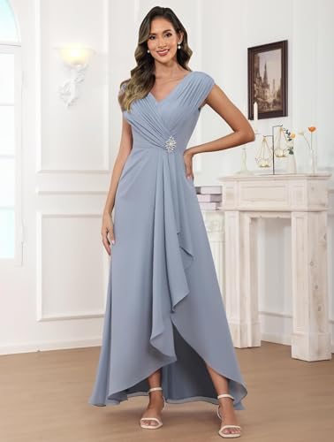 Cap Sleeve Mother of The Bride Dresses Chiffon V Neck Ruffles Beaded A Line Long Formal Wedding Guest Dress2