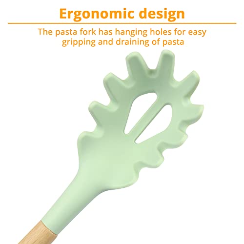 Kufung Silicone Pasta Fork (12"), Food Grade Noodle Spoon With Natural Wooden Handle, Bpa Free, Spaghetti Strainer & Server Spoon (12 Inch, Mint Green) #TOP2