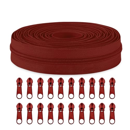 Sawoake #3 Nylon Coil Zippers by The Yard Bulk 10 Yards with 20pcs Zipper Sliders for DIY Sewing Tailor Craft Bag Garment Home Textile…(Buragundy)