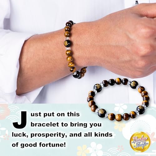 Image of Lucky charm bracelets made in japan feng shui luck bracelet black agate tiger eye crystal bracelet for money 6-8 inches stretch Japanese craftsman good luck unisex