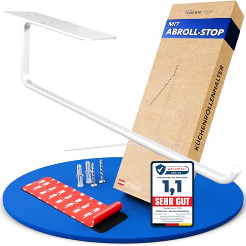 WOHNHELD Küchenrollenhalter ohne Bohren - Mit Abroll-Bremse - Zewa Rollenhalter zum Einhändig Abreißen - Wand Küchenpapierhalter Weiß