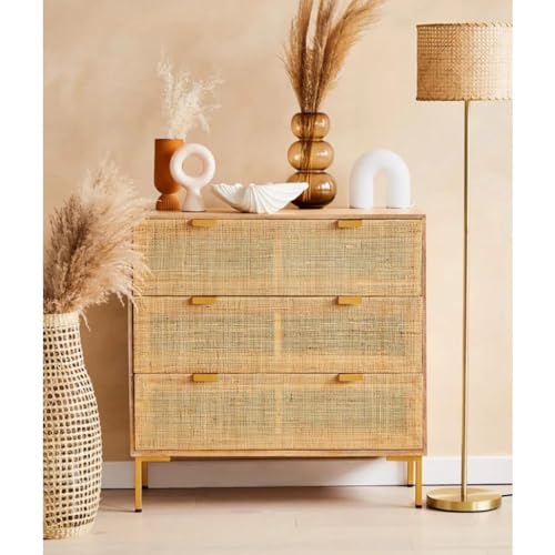 Image of Chuck Rattan Chest of 3 Drawer for Home & Office |Cane Storage with 3 Drawers | Mango Wood,|Ideal for Home Decor