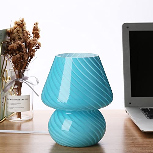 Mushroom Lamp,Glass Arctic Blue Mushroom Bedside Table Lamps Vintage Translucent Murano Style Striped Small Nightstand Desklamp Swirl Light for Home Decor, Dining, Living, Bedroom, Gift (Str