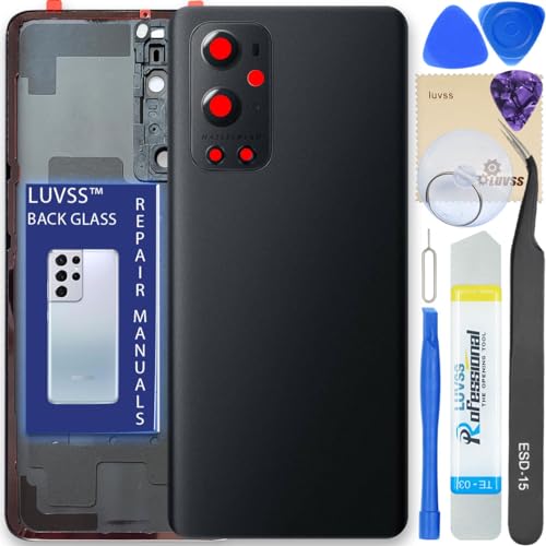 LUVSS Back Glass Cover Replacement Compitable for OnePlus 9 Pro Rear Cover + Camera Lens + Repair Manual DIY Tools Kit (Black)